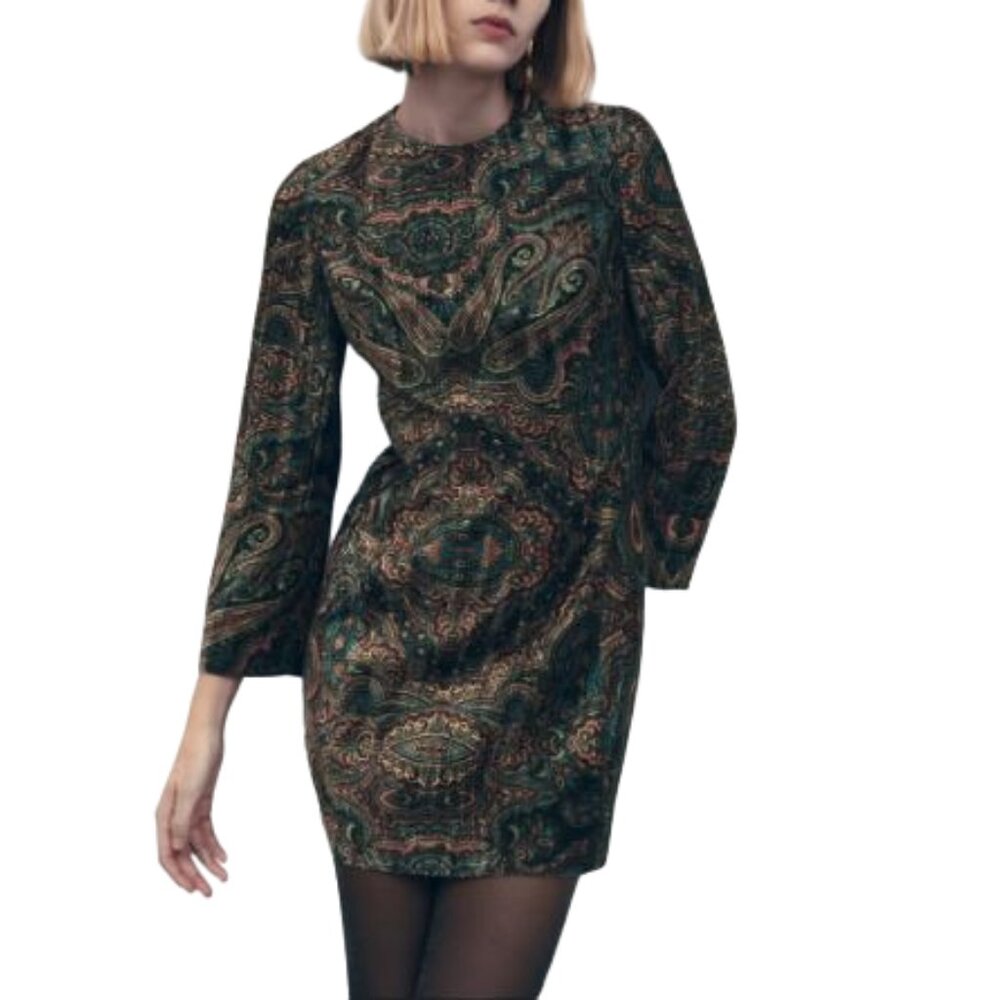 Zara Paisley Mini Dress in Green and Brown